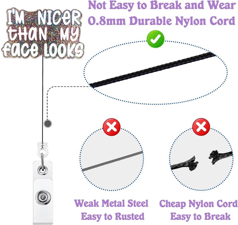 Bydevia I'm Nicer Than My Face Looks Badge Reel Retractable, Funny Badge Reel for Nurse Nursing Student RN CNA Medical Worker & Office Staff, ID Name Badge Holder with Alligator Clip & 24” Durable Nylon Cord - Image 4